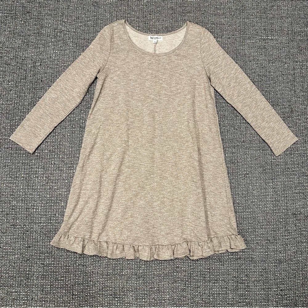 WONDERLAND Cream-Tan Ruffle Hem Long Sleeve Dress